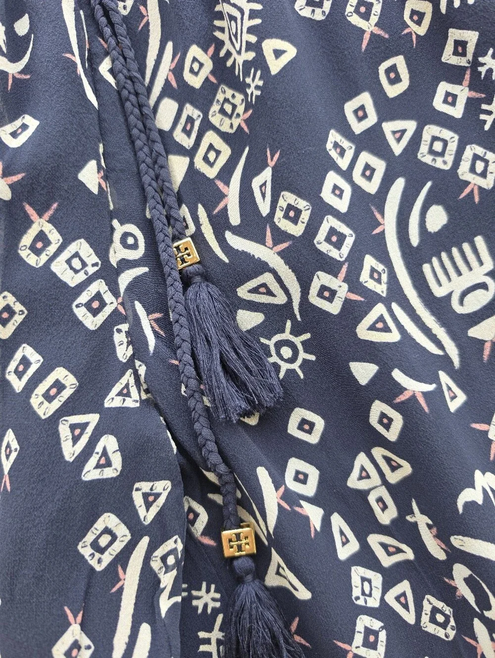 Tory Burch Silk Navy Blue Geometric Tribal Print Wide Leg Jumpsuit